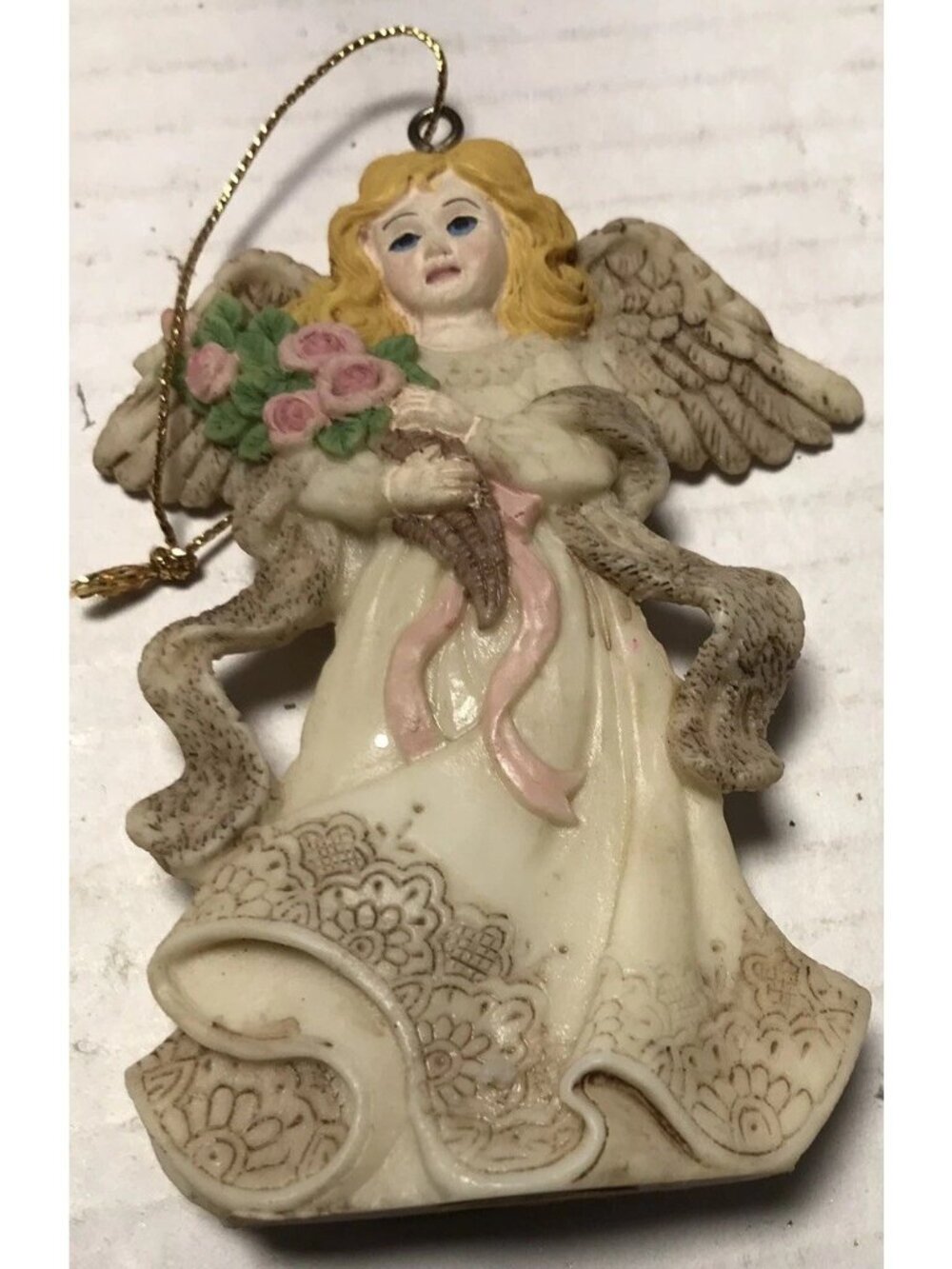 Vintage Angel Holding Pink Flowers Ornament